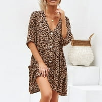 Ženska haljina Leopard Print Flowy Swing Short Haljina Gumb Up V izrez Košulja haljina sa ruffle hem