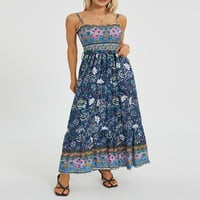 Ženska ljetna klizačka haljina, vintage špageti kaiševi cvjetni ispis ljuljačka duga haljina s kaišem