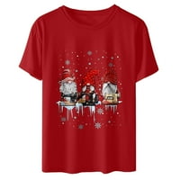 Košulje za žene Ležerne ljetne pad vrha okruglog vrata Majica Božićni patuljak Snowflake Cvjetni ispis Majica s kratkim rukavima crvena l