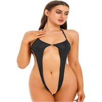 IEFiel Womens Micro bikini One Otvoreno Crotch Bodysuit Halter čipka up kupaći kupaće kostim crna jedna