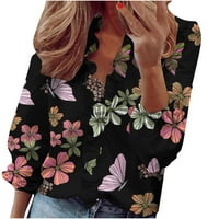 V izrez T majice za žene padaju plus veličina casual vintage cvjetni print ruffle dugih rukava bahatske