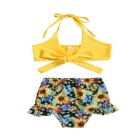 Djevojke kupaće kostim vezanje Halter vrat Bowknot rezervoar suncokretov print ruffles Hratke za bikini