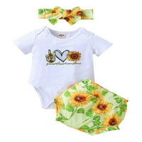 Chollius Baby Girl Ljetni setovi crtani kratki rukav ROMper + suncokret kratke hlače + trake za glavu