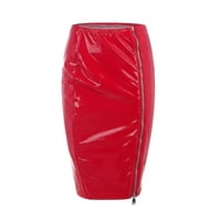 Suknje za žene za žene Midi Duljina sjajna PU kožna suknja visoke struka Staklena bočna patentna suknja