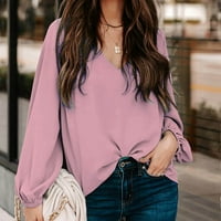 Ženska solidna labava fit bluza fenjer dugi rukav V izrez Elegantne majice