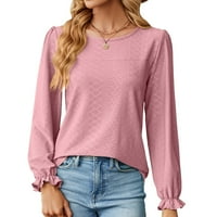 Ženske majice na dugim rukavima Jesen Ležerne prilike Labavi vrhovi Solida Basic T majica Bluza za vrat za žene ružičaste s