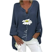 Vbnergoie ženski temperamentni cvijet bluza s bluzom V-izrez pamuk i posteljina plus veličine majica