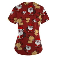 Hanas vrhovi ženskog božićnog zabave-tiska s kratkim rukavima V izrez Top Džepna košulja, košulja vino