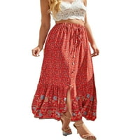 Multitraust ženska ležerna suknja visoki struk cvjetni tiskani gumb ruffled boemska labava duga suknja