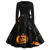 Cuoff Gothic Crne haljine za žene Goth Halloween Print Flare za zabavu s dugim rukavima Casual Yellow