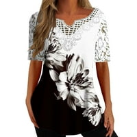 Ženske majice Ljeto cvjetno tiskovina vrhovi čipke patchwork V-izrez majice kratki rukav na vrhu labave