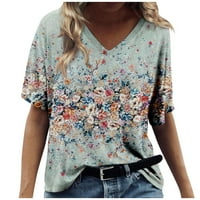 Ženski Ljeto plus veličina kratkih rukava V Vrući izrez Cvjetni print casual džep labavi T majice MINT