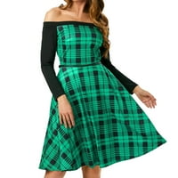 Žene Pleteni ispis Vintage sa ramena duge rukave s dugim rukavima Elegantna haljina za zabavu Žene Ležerne haljine zelene s