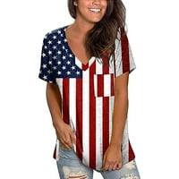 Lolmot Womens Ljeto V izrez majica Američka zastava Majica Patriotic 4. jula Teers Casual prednji džep