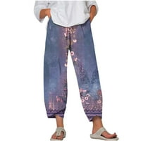 Ženske posteljine hlače Ljeto Capris Hlače visokog struka ispisane široke džepove za noge Cinch donji
