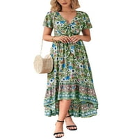 Ženska ljetna dugačka boho haljina kratki rukav V izrez nepravilni rub vezati cvjetnu haljinu