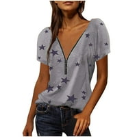 Zipper V rect majica za žene, udobne majice kratkih rukava TEES majice casual vintage zvezda Ispis ljeto