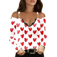Hoksml Proljetne odjeće za žene Ženski dan zaljubljenih Print V izrez Dugi rukav majica Comfy Base Syer