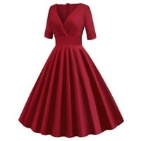 Ljetne haljine za žensko čišćenje ženskog kratkih rukava V-izrez Solid Boja Retro visoka dizajne struka haljina