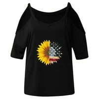 Zunfeo Womens T majice - Rešetak Neovisnosti ramena V V izrez Pulover kratkih rukava Daisies Ispisane