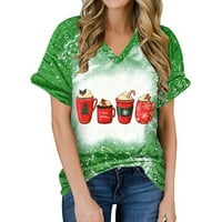 Sretan božićni majica Božićni teški vrhovi Pismo Ispis Kuća za odmor Ljetna božićna slova bluza V-izrez kratki rukav majica Green XL