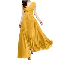 Haljine Wozhidaoke za žene V-izrez Čvrsta boja kratkih rukava šifon struk za zatvaranje večernje haljine Ljetna haljina žuta l