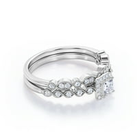 Art-Deco Square Halo 0. TCW Princess Cut Diamond Crossover Milgrain Weddred Wedding prsten za prsten