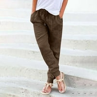 Ženske posteljine hlače, žene visoke struk široke noge casual labave pantalone sa džepovima Comfy Capri
