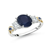 Gem Stone King Srebrna i 10k žuti zlatni ovalni plavi safir i moissan 3-kameni zaručnički prsten za