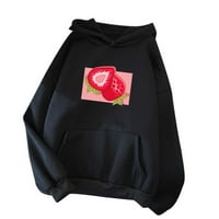 Ženski vrhovi slatki labav jagoda print casual pul-rukave džep dukseri pulover zimske s crnom bojom