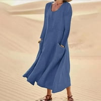 Odeerbi pamučne haljine za žene Trendy Solid Color haljina dugih rukava okrugla vrata sa džepom plavom