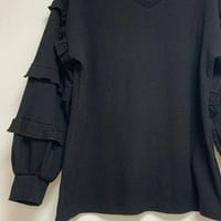 Gotyou Proljetni vrhovi ženska jesenska zimska moda V-izrez ruffled pulover na vrhu crne m
