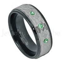 2-tonski čekić volfram prsten - 0.21ctw smaragd 3-kameni trake - personalizirani vjenčani prsten za