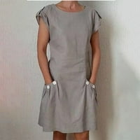 Haljine za žene ženske pamučne posteljine čvrste boje labavi okrugli vrat kratki džepovi haljina chmora