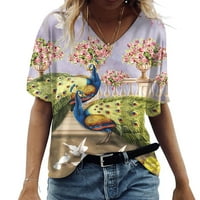 Ženski vrhovi ženskih modnih ležernih digitalnih tiska sa cvijećem i ptičjim kratkim rukavima s kratkim