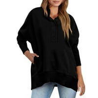 Lashall ženska modna tipka V-izrez puna boja dugih rukava džepna dukserica Top Black 2L