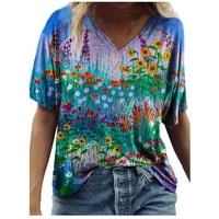 Lovskoo majice kratkih rukava za žene Trendi ljetni vrhovi cvjetni tiskani casual v izrez labave majice