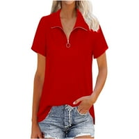 Žene Ležerne prilike V-izrez kratki rukav s pulovernim zatvaračem, majica, majica s majicama, labavi crveni 3xl