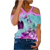 Scyoekwg majice s kratkim rukavima za žene V-izrez hladni ramenu leptir uzorak grafički tens trendi