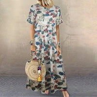 Maxi haljine za žene O vrat džepni dizajn labav retro vintage s dugim rukavima cvjetni print maxi duga haljina