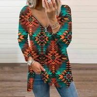 Binmer Women dugi rukav s dugim rukavima V-izrez za ispis bluza zatvarača zatvarač jesenji kauzalni pulover vrhovi