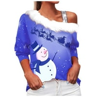 Guvpev ženski božićni print modni casual dugih rukava od jednog ramena Seksi labav top - plavi xxxxl
