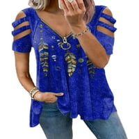LUMENTO DAMIES majica izdubljena majica cvjetni tisak za tisak Zip up bluza kratki rukav paun plave