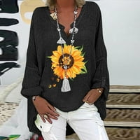 Bvanrty Women's Plus Veličina Modni suncokret Štampani labavi majica s dugim rukavima Bluza V-izrez