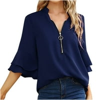 UUBLIK ženska modna casual v-izrez zip bluza s rukavima od pune boje