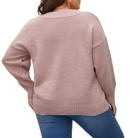 Ležerni obični puloveri za duboke V izrez dugih rukava Dusty ružičasti plus džemperi veličine