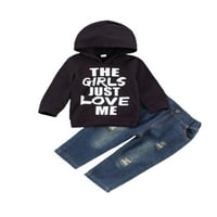 Douhoow Kids Baby Boys Jesenska odjeća Set Pismo Ispis dukserica sa kapuljačom + dizajn rupa Jeans