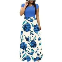 Stabilne ljetne haljine za žene Ženski ljetni kratki rukav labav cvjetni print visoki struk casual boho labav dugački linijski haljina nebesko plavo m