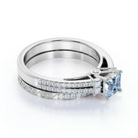 1. Carat Princess rez tamno plava stvorila Aquamarine Pave Milgrain Vjenčani prsten set u 18k bijelo