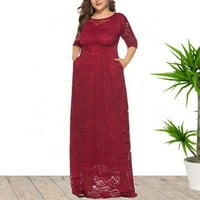 Vremenska ženska modna moda velike veličine Šuplja čipkaste džepove haljina večernja haljina duga suknja crvena, xl